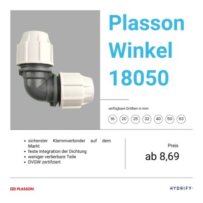 Plasson 18050 Winkel Serie 18 Klemmfitting 90 Grad
